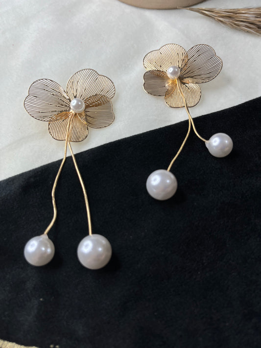 Gold Floral Pearl Drop Earrings