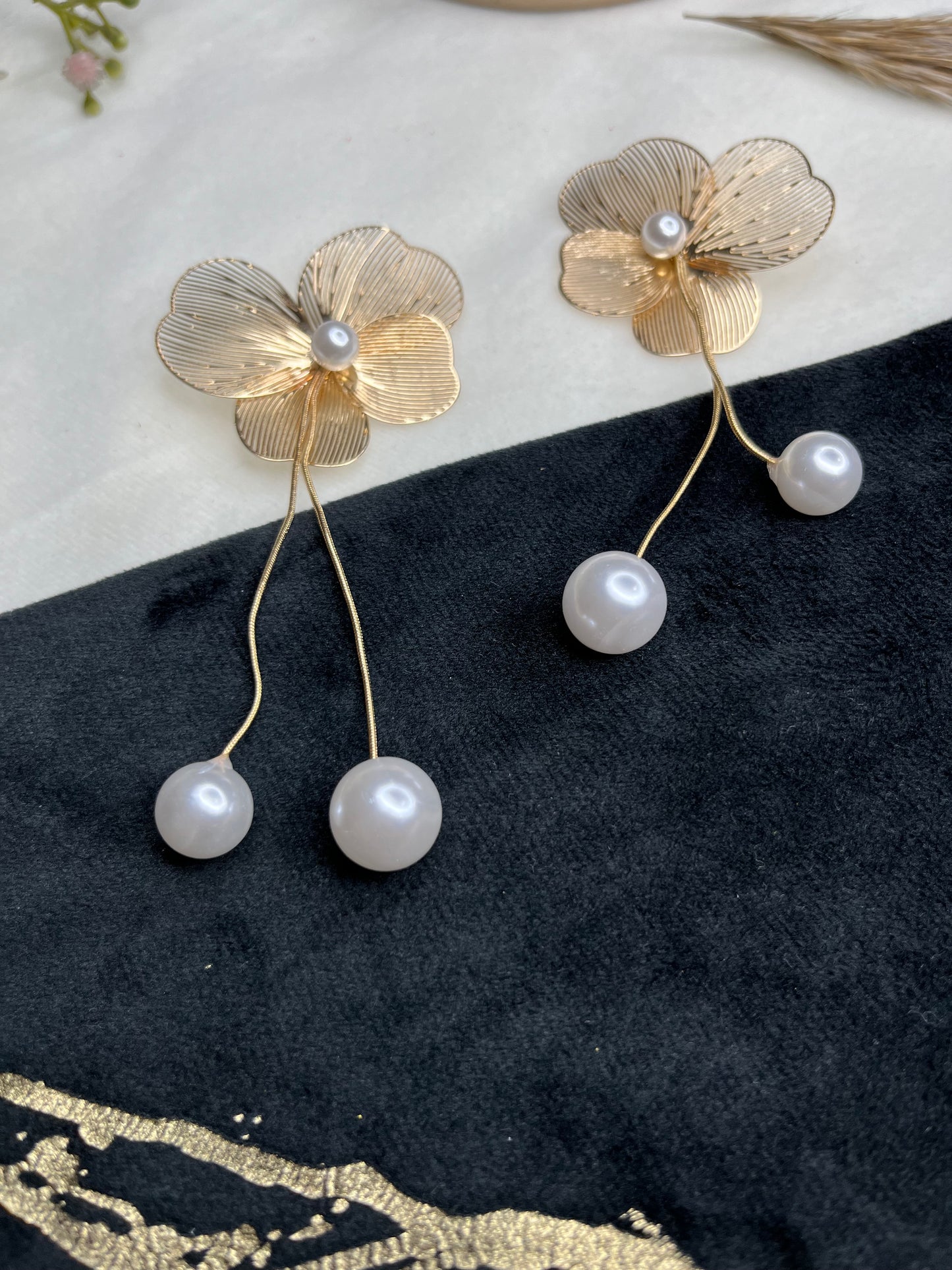 Gold Floral Pearl Drop Earrings