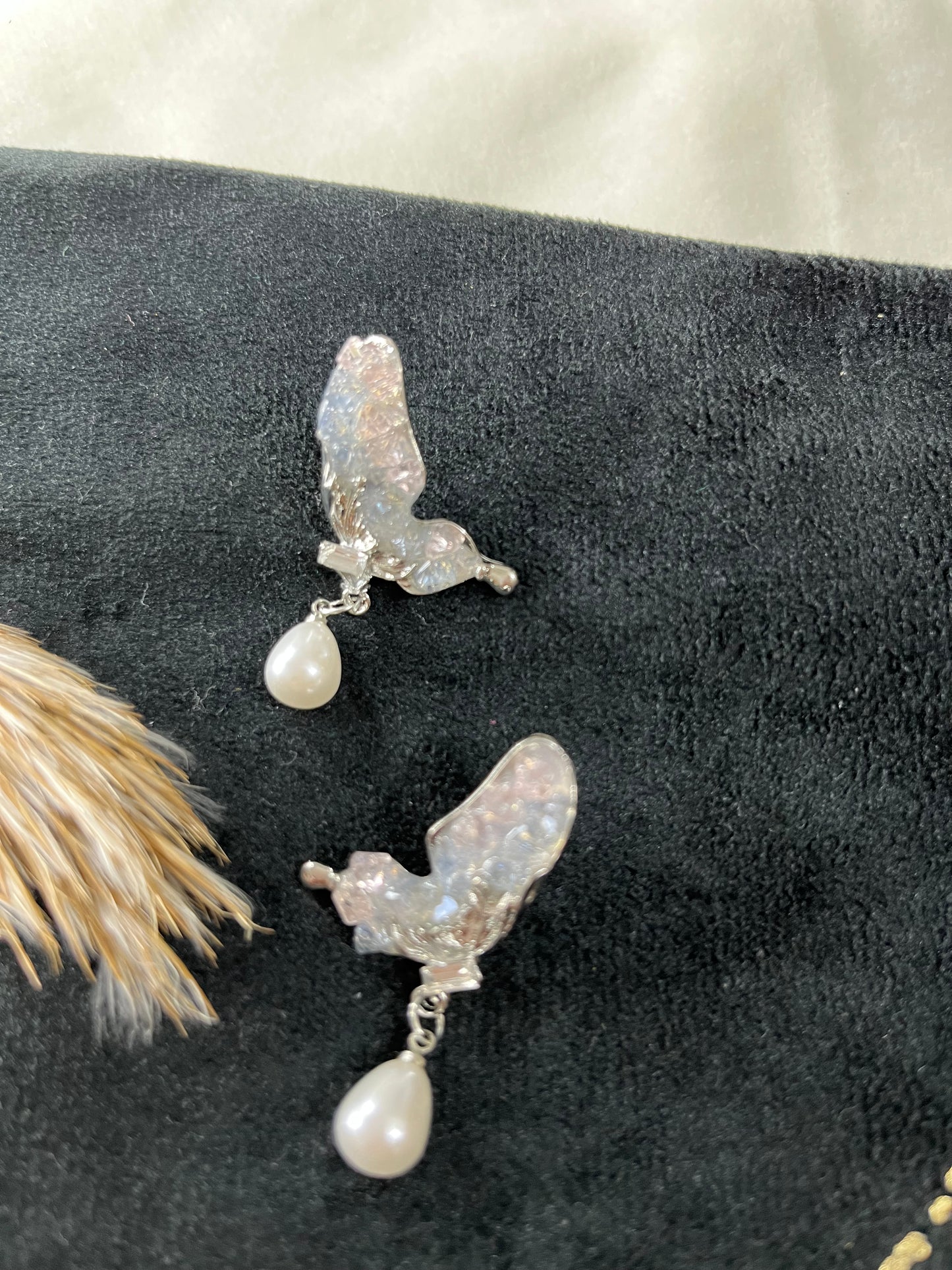 Crystal Butterfly Pearl Drop Earrings