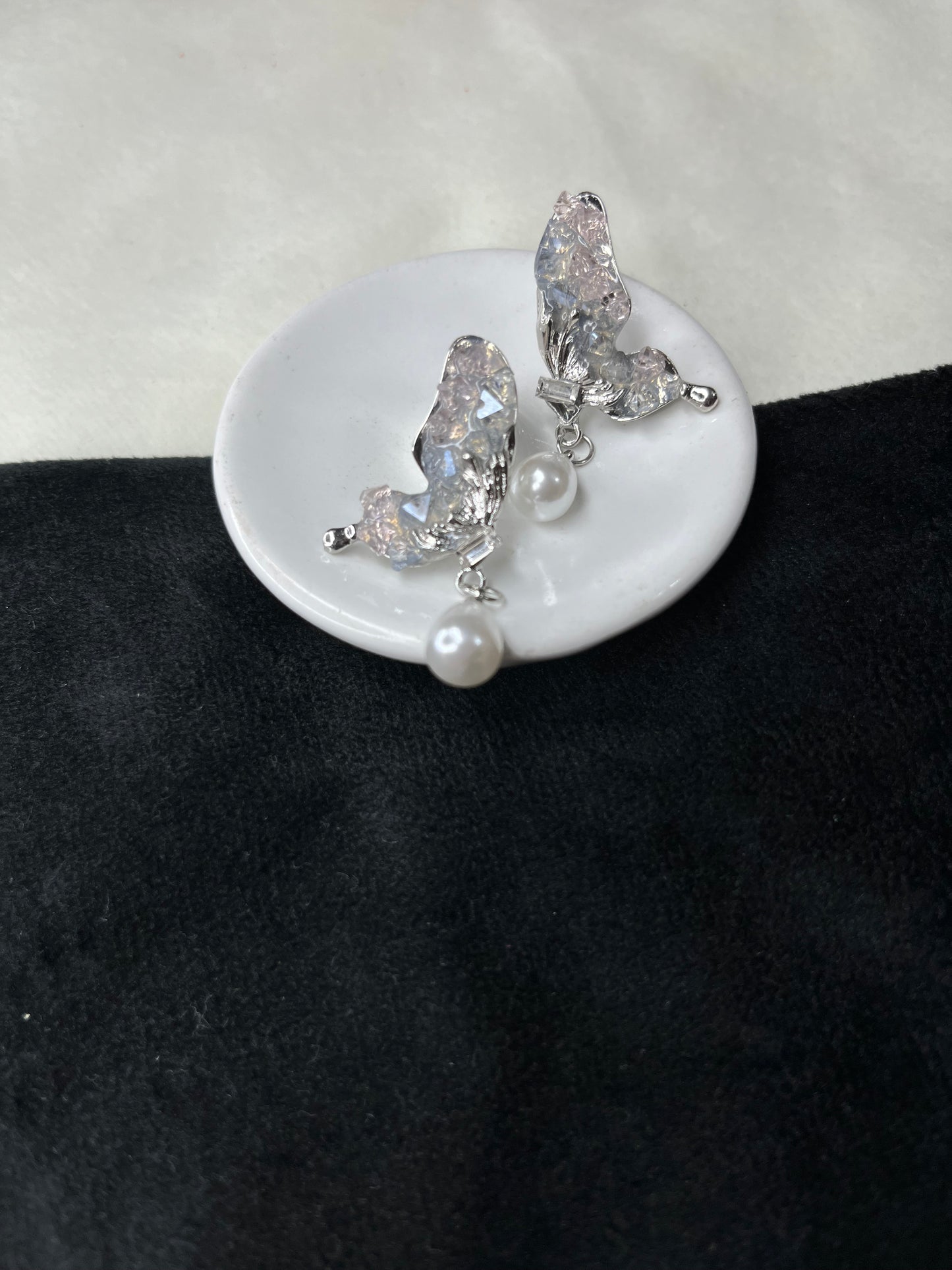 Crystal Butterfly Pearl Drop Earrings