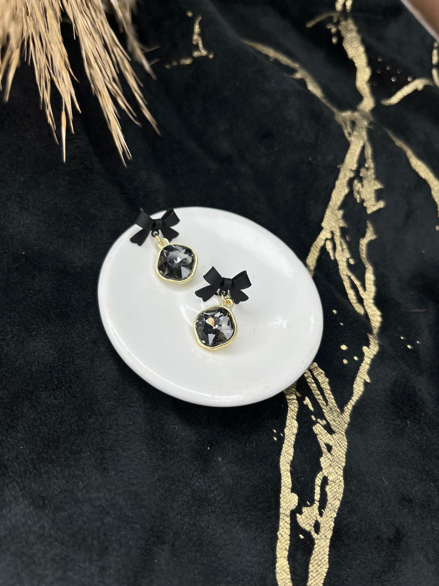 Black Crystal Bow Drop Earrings