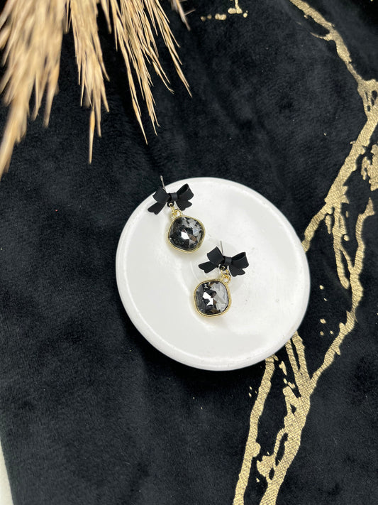 Black Crystal Bow Drop Earrings