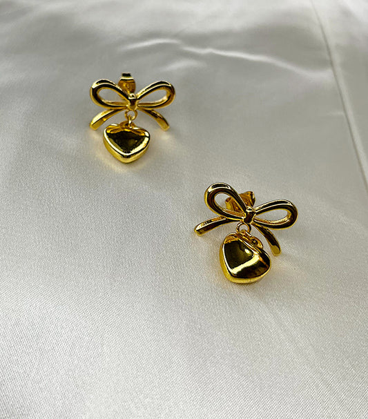 Anti Tarnish 18k Gold Plated Heart Drop Bow Earrings