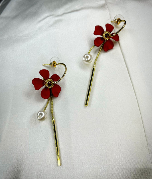 Elegant Pearl Drop Red Flower Hoop Earrings