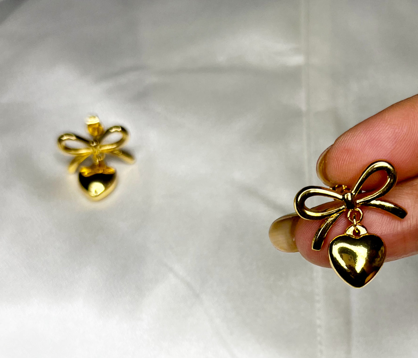 Anti Tarnish 18k Gold Plated Heart Drop Bow Earrings